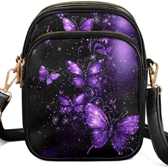 Butterfly Purple Soft Leather Crossbody Bag - Stylish Phone Wallet with Pockets - Picture 1 of 7
